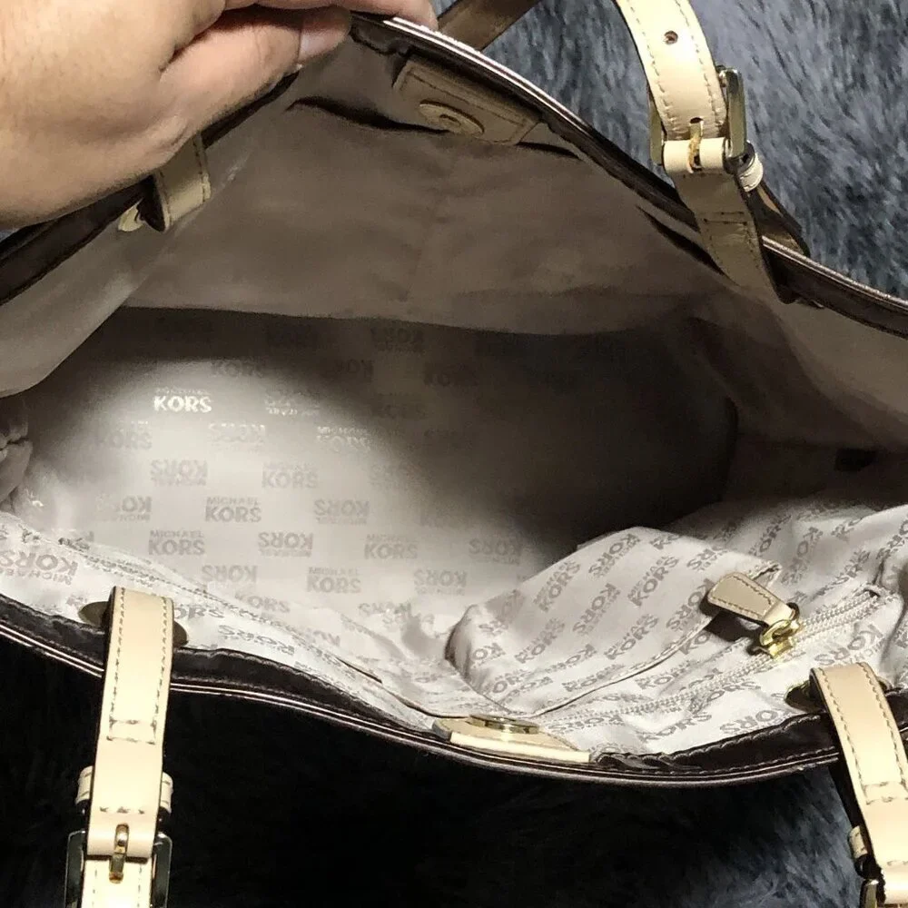 Michael Kors Brown Logo Tote Bag with Logo Charm, Beige Leather Double Handles